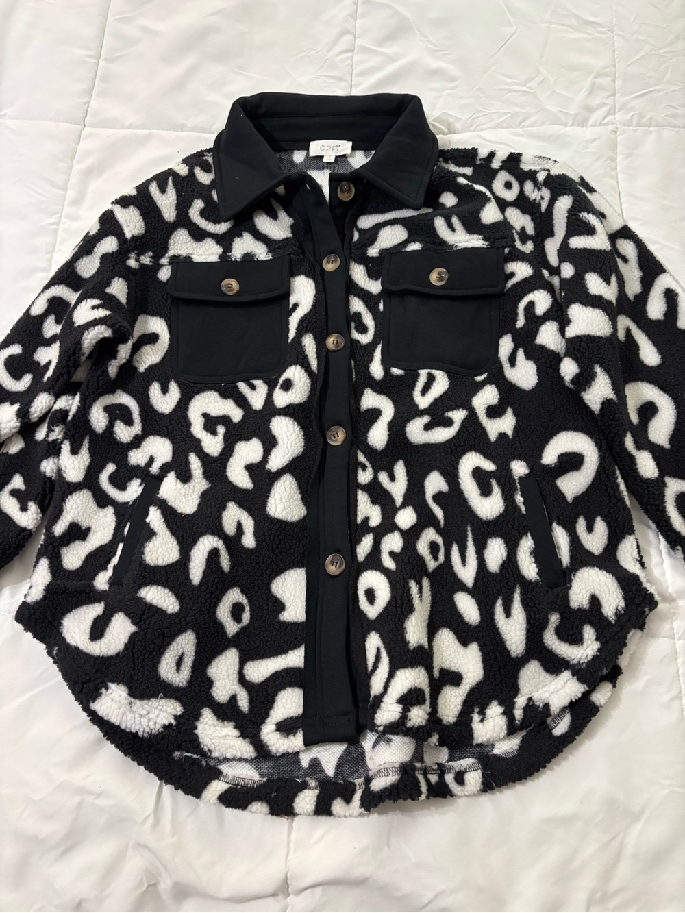 Woman’s Black & White Leopard Sherpa Jacket